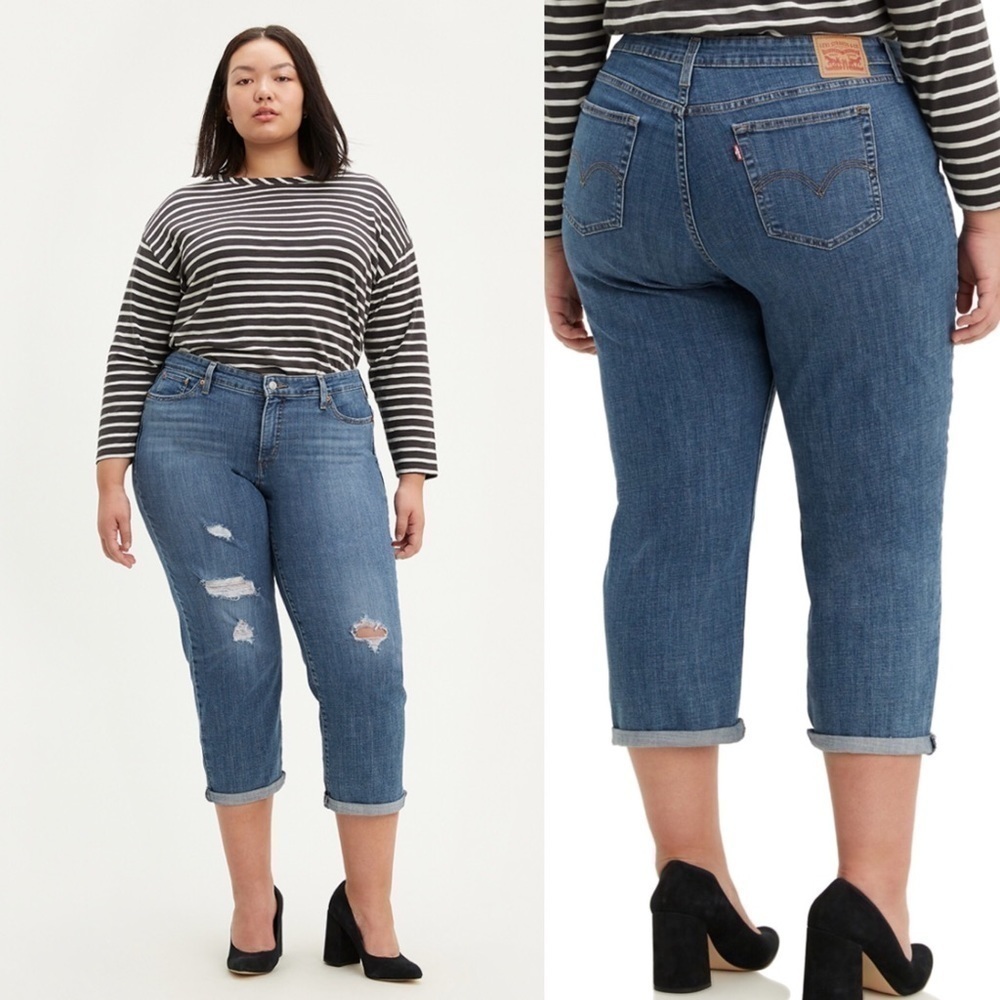 Levis Womens Plus Medium Wash Distressed Frayed Boyfriend Jeans Sz 22W